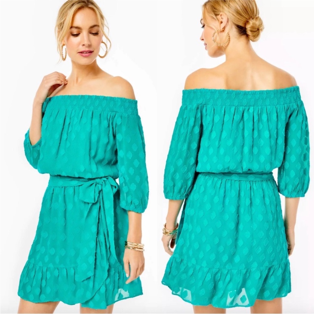 Lilly Pulitzer Rochelle Off-The-Shoulder Romper 3/4 Sleeves Green